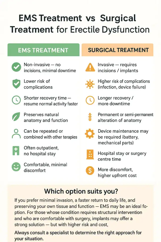 A table showing the benefits of EMS chair for erectile dysfunction treatment Gloucester compared to surgery.